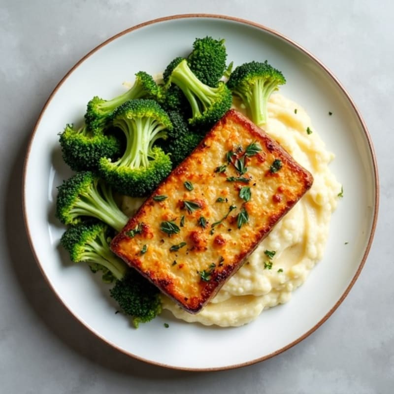 Herb-Baked Tempeh with Steamed Broccoli and Cauliflower Mash