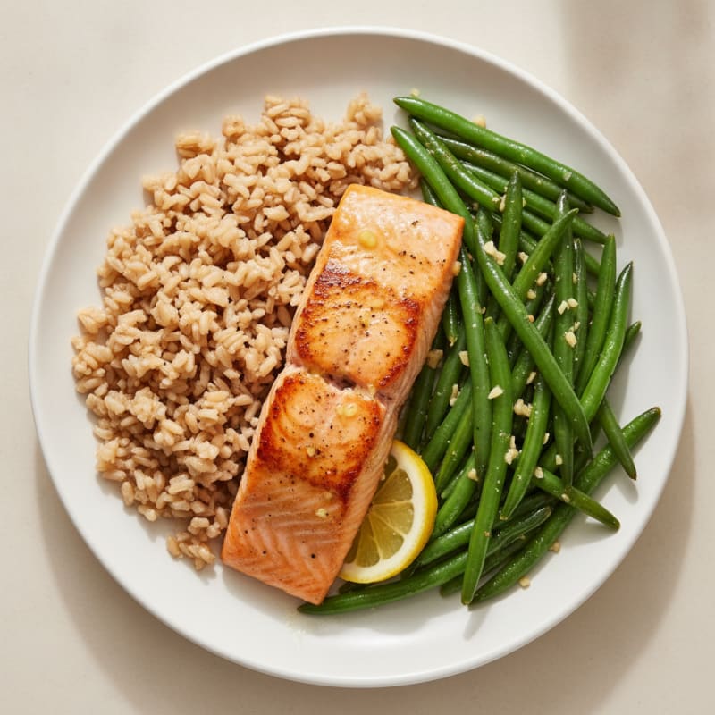 Seared Salmon with Garlic Green Beans and Brown Rice