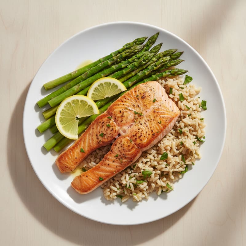 Seared Salmon with Steamed Asparagus and Lemon Herb Rice