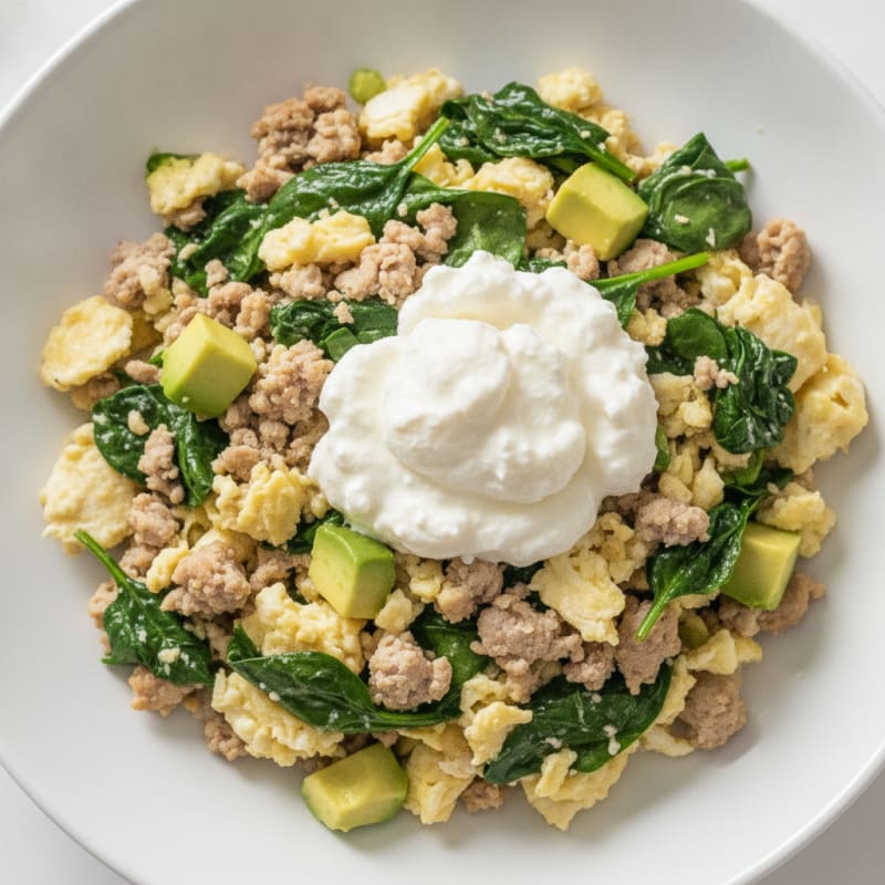 Egg White and Turkey Spinach Scramble with Cottage Cheese