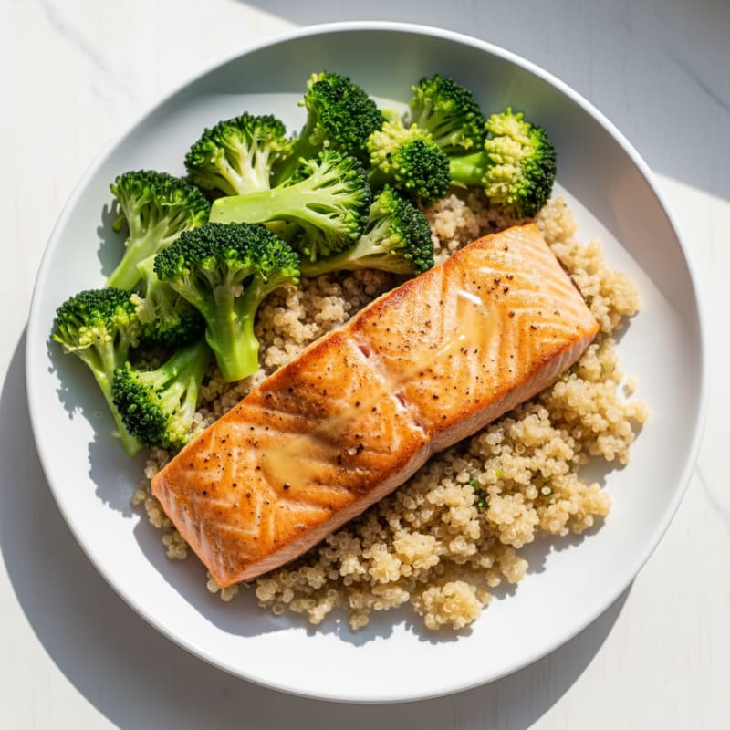 Seared Salmon with Steamed Broccoli and Quinoa