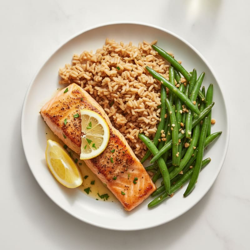 Seared Salmon with Steamed Brown Rice and Garlic Green Beans