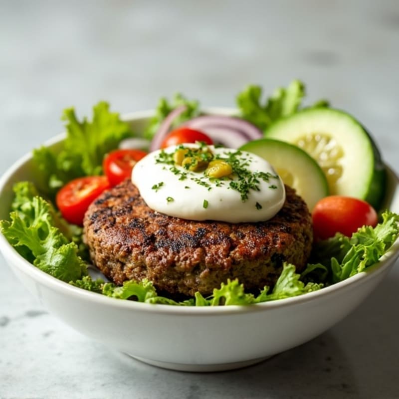 Lean Ground Beef Burger Bowl with Fresh Greens and Creamy Dill Pickle Dressing