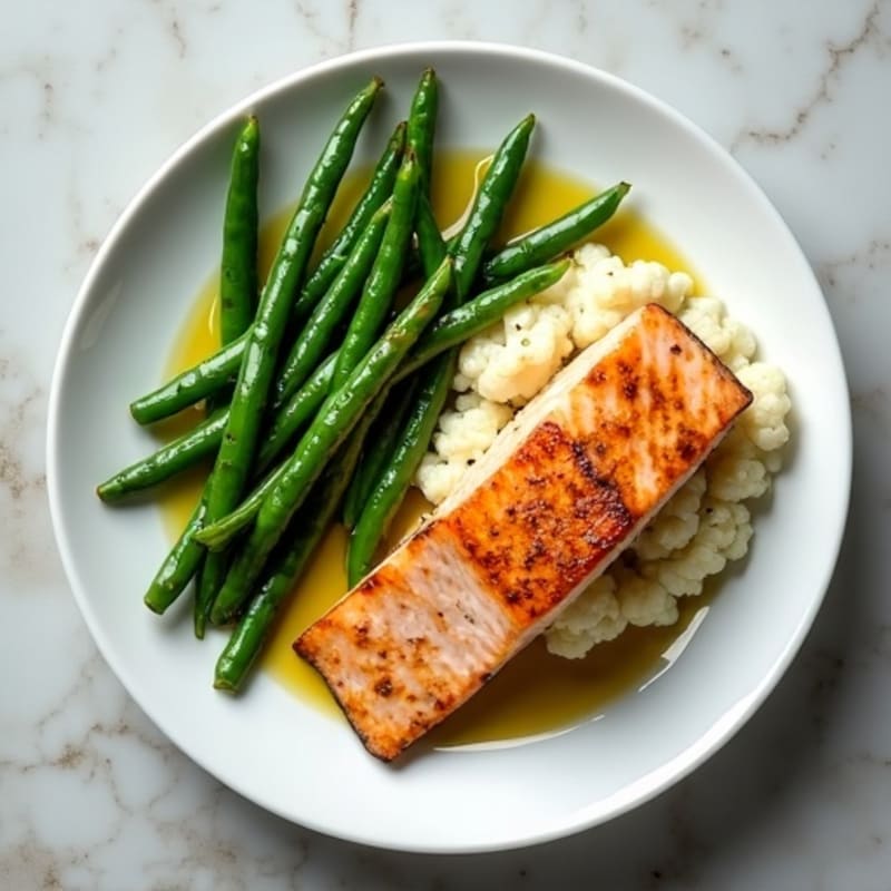 Seared Salmon with Steamed Green Beans and Garlic Mashed Cauliflower