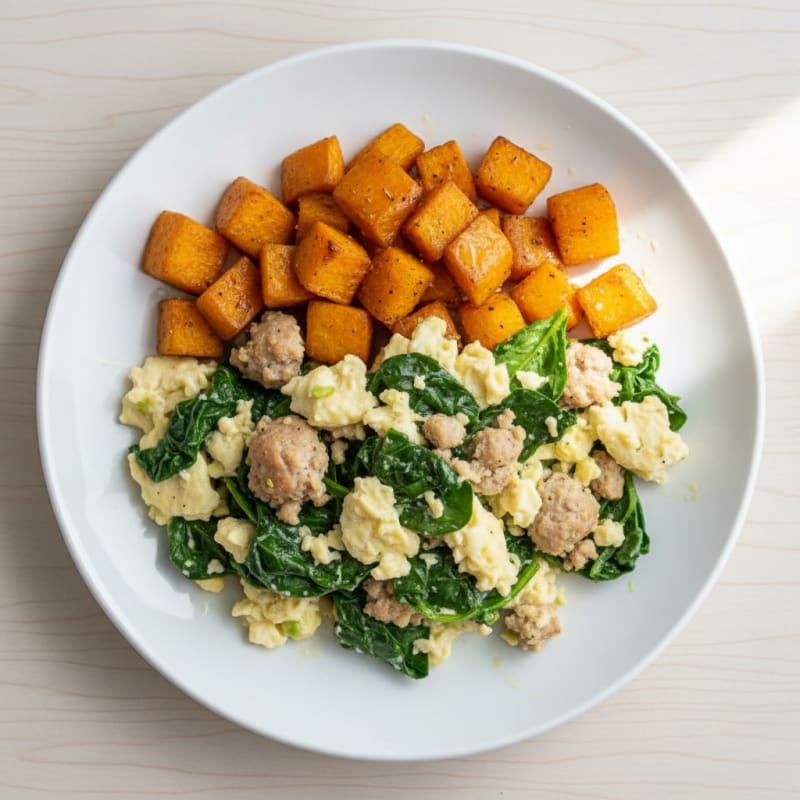 Egg White and Turkey Sausage Scramble with Spinach and Roasted Sweet Potato