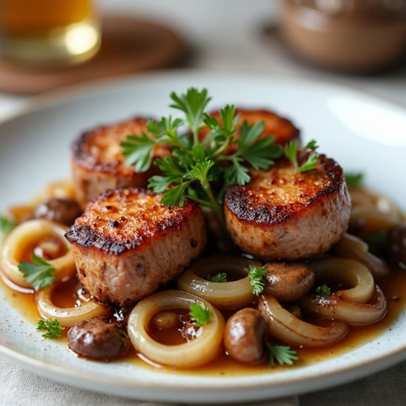 Pan-Seared Garlic Tri-Tip Bites with Caramelized Onions and Mushrooms