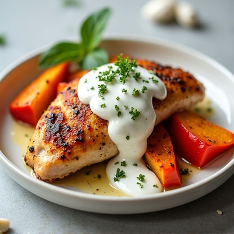 Spiced Roasted Chicken with Creamy Garlic Yogurt Sauce