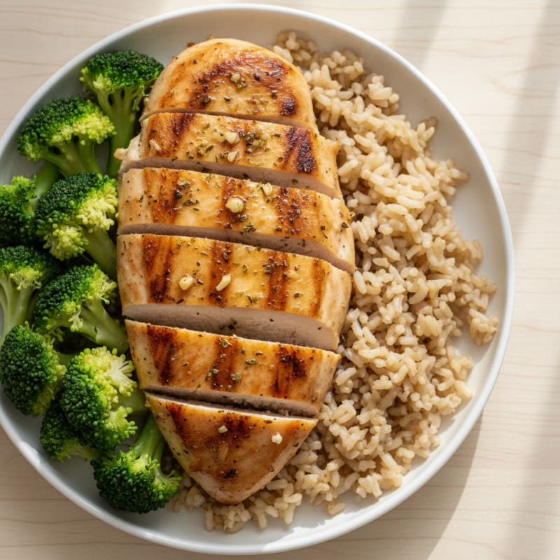 Grilled Chicken Breast with Steamed Broccoli and Brown Rice
