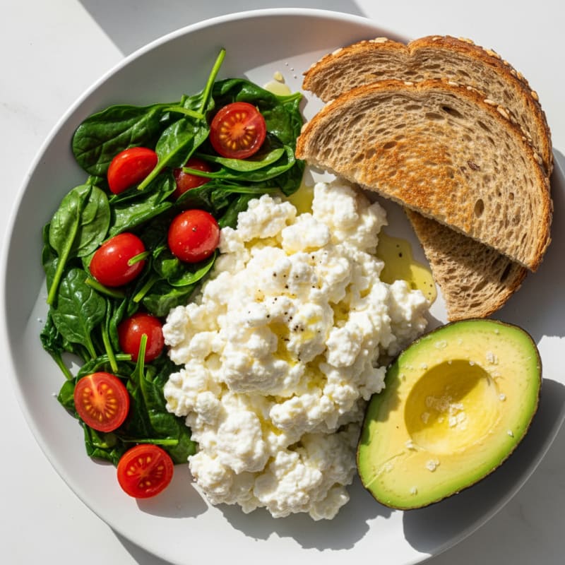 Cottage Cheese Egg White Scramble with Sautéed Spinach and Cherry Tomatoes