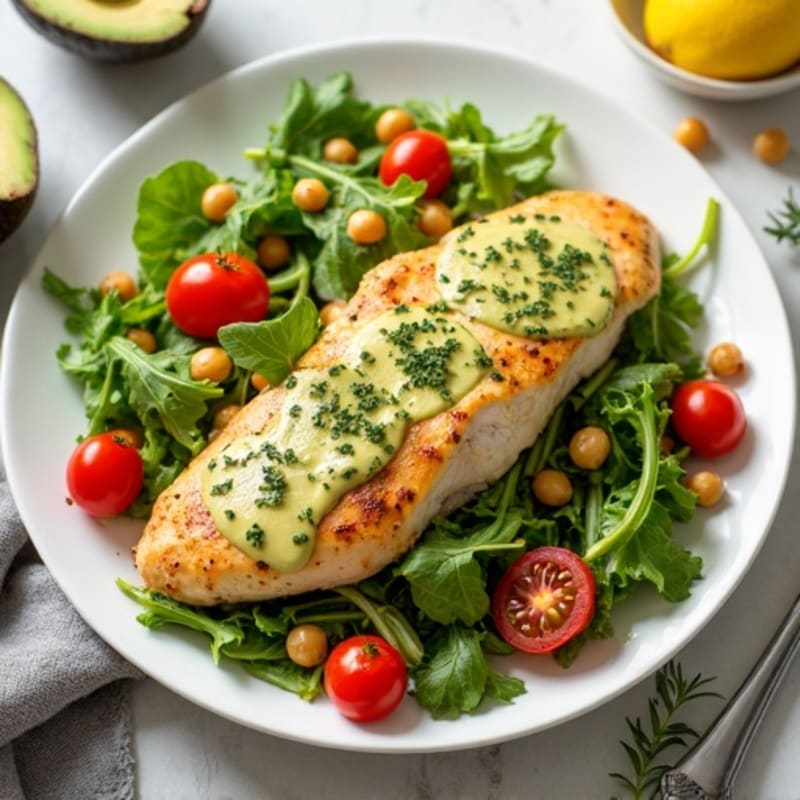 Lemon Herb Roasted Chicken with Crunchy Greens and Creamy Avocado Dressing