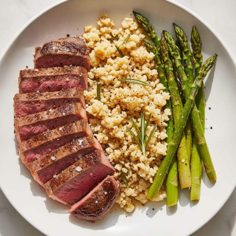 Pan-Seared Steak with Cauliflower Rice and Roasted Asparagus