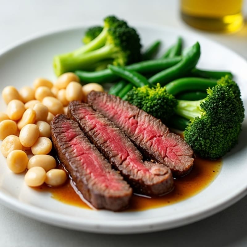 Seared Lean Beef with Steamed Broccoli, Garlic Green Beans & Cannellini Beans
