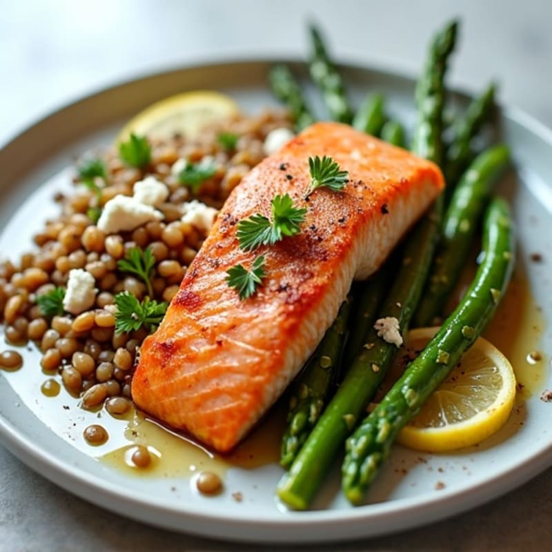 Seared Salmon Fillet with Lentil Salad and Steamed Asparagus