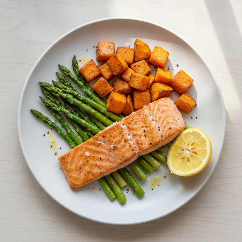 Seared Salmon Fillet with Roasted Sweet Potatoes and Asparagus