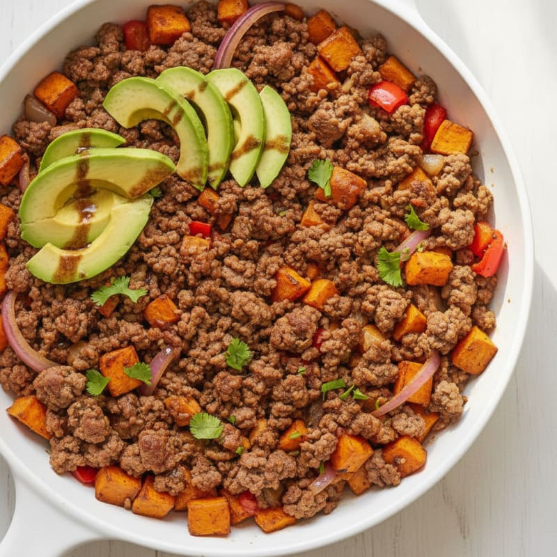 Ground Beef Skillet with Sweet Potato and Avocado