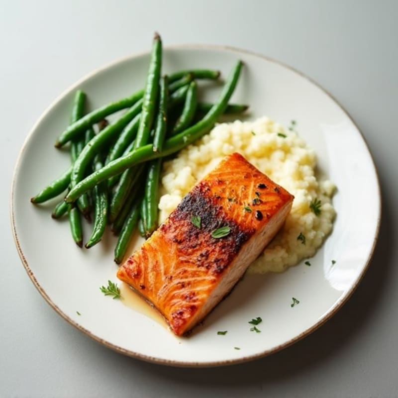 Seared Salmon Fillet with Steamed Green Beans and Cauliflower Mash