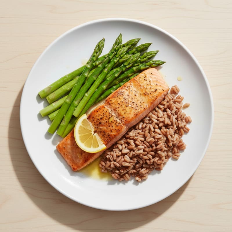 Seared Salmon with Steamed Asparagus and Brown Rice