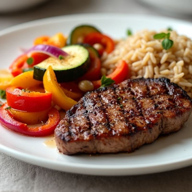 Seared Steak with Roasted Vegetables and Brown Rice