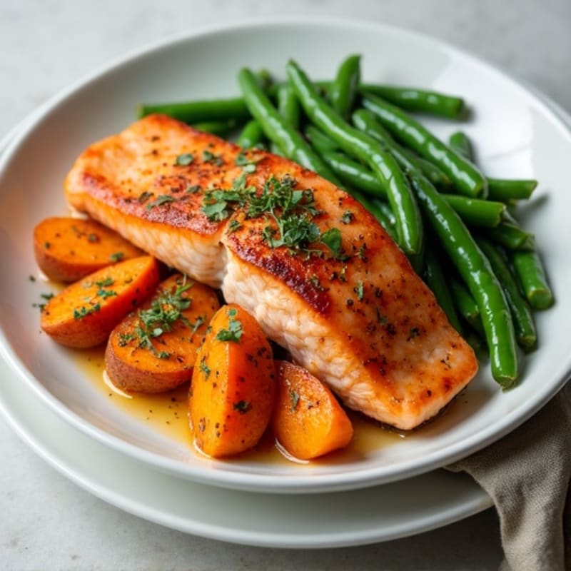 Seared Salmon Fillet with Roasted Sweet Potatoes and Green Beans