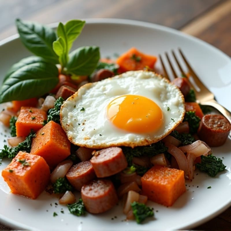 Hearty Sweet Potato and Chicken Sausage Hash with Baked Eggs