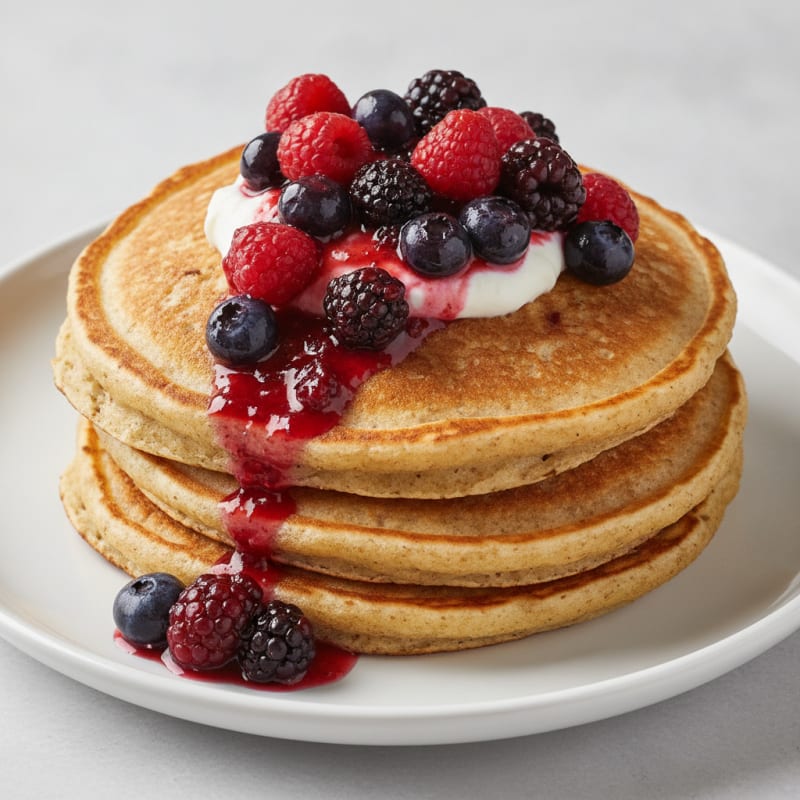 Fluffy Buttermilk-Style Protein Pancakes with Berry Compote