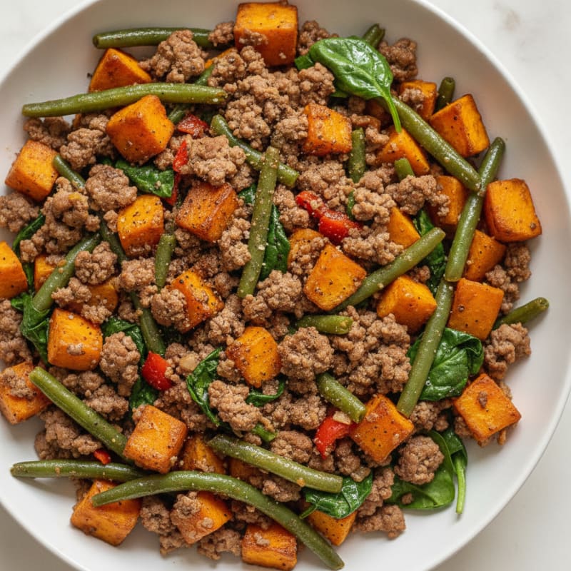 Ground Meat Skillet with Sweet Potato and Green Beans