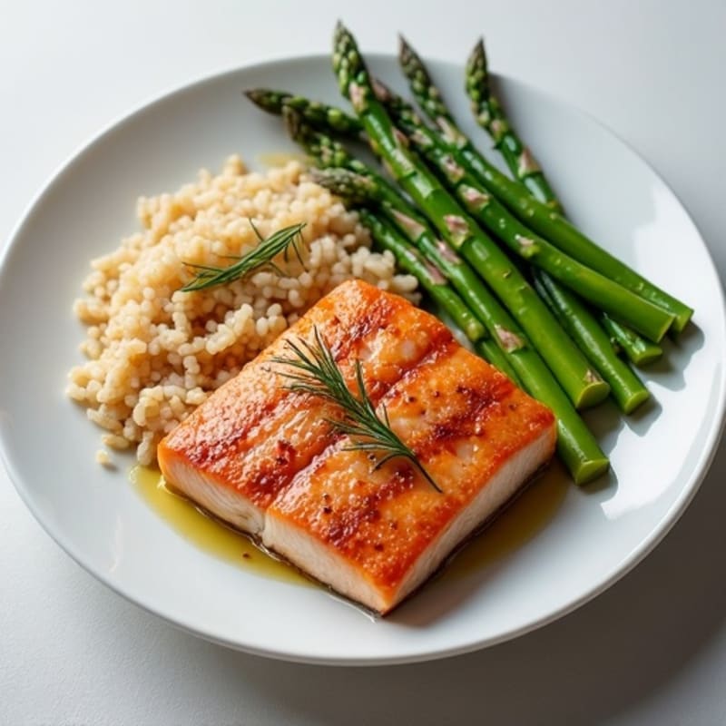 Seared Salmon with Steamed Asparagus and Brown Rice