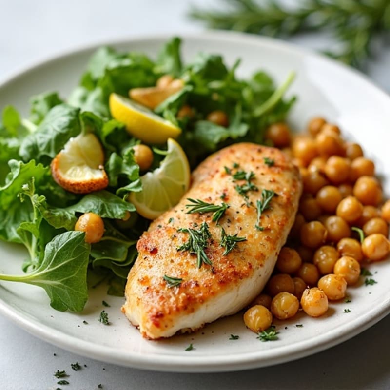 Lemon-Herb Roasted Chicken with Fresh Greens and Crispy Chickpeas