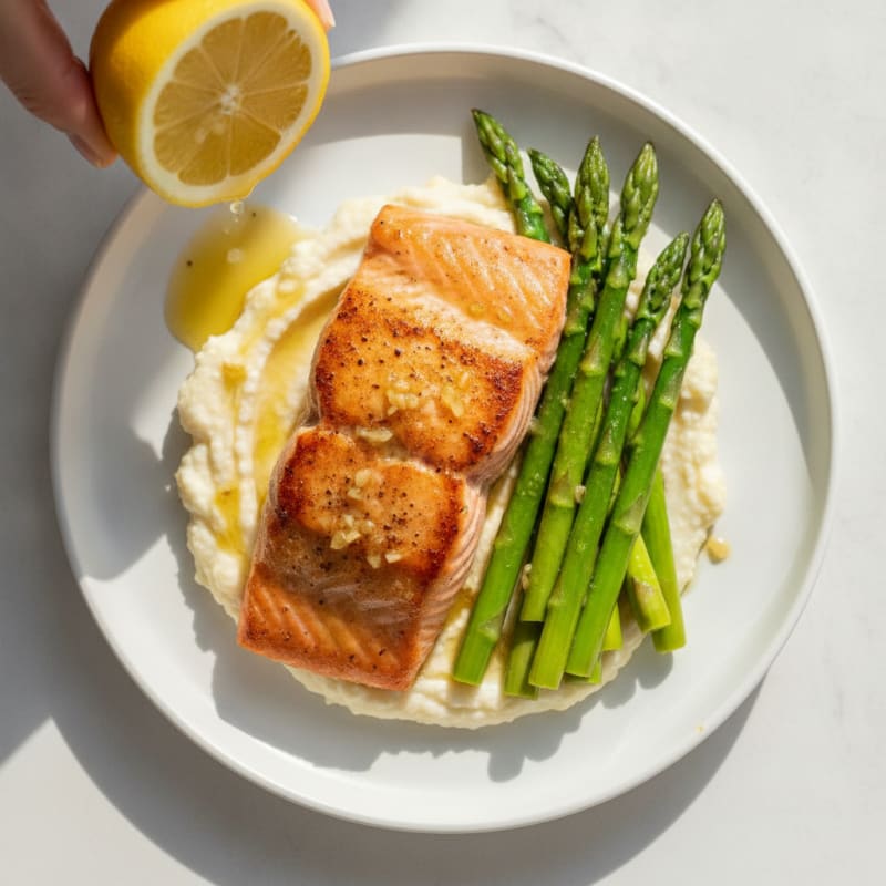 Seared Salmon with Steamed Asparagus and Cauliflower Mash