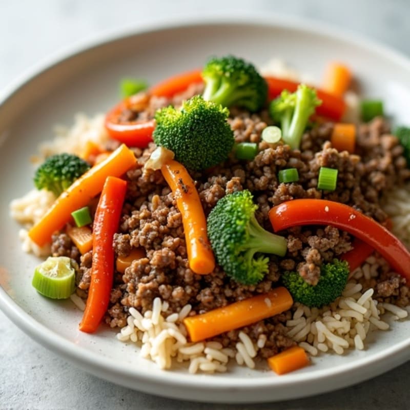 Lean Ground Beef Stir Fry with Mixed Vegetables and Brown Rice