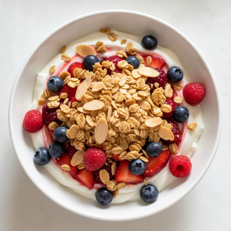 Greek Yogurt Parfait with Crunchy Almond Granola and Mixed Berries