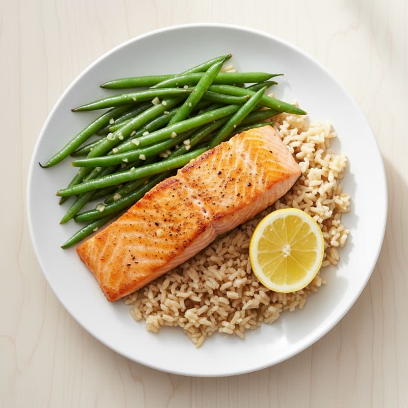 Seared Salmon with Garlic Green Beans and Brown Rice
