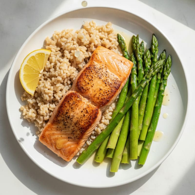 Seared Salmon with Steamed Asparagus and Brown Rice