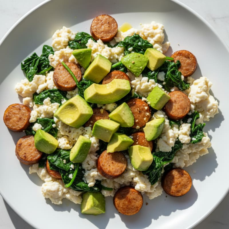 Egg White Scramble with Turkey Sausage and Sautéed Spinach