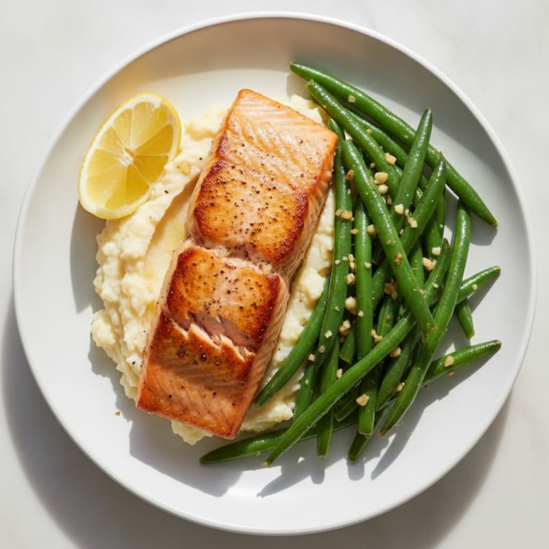 Seared Salmon with Garlic Green Beans and Cauliflower Mash