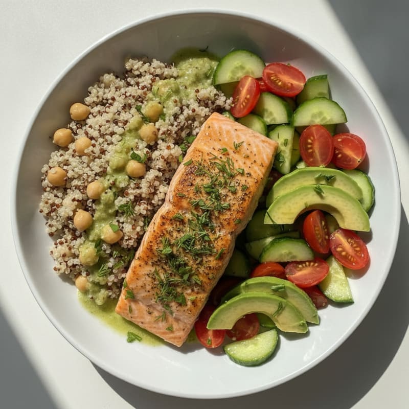 Herb-Roasted Salmon with Quinoa and Cucumber Tomato Salad