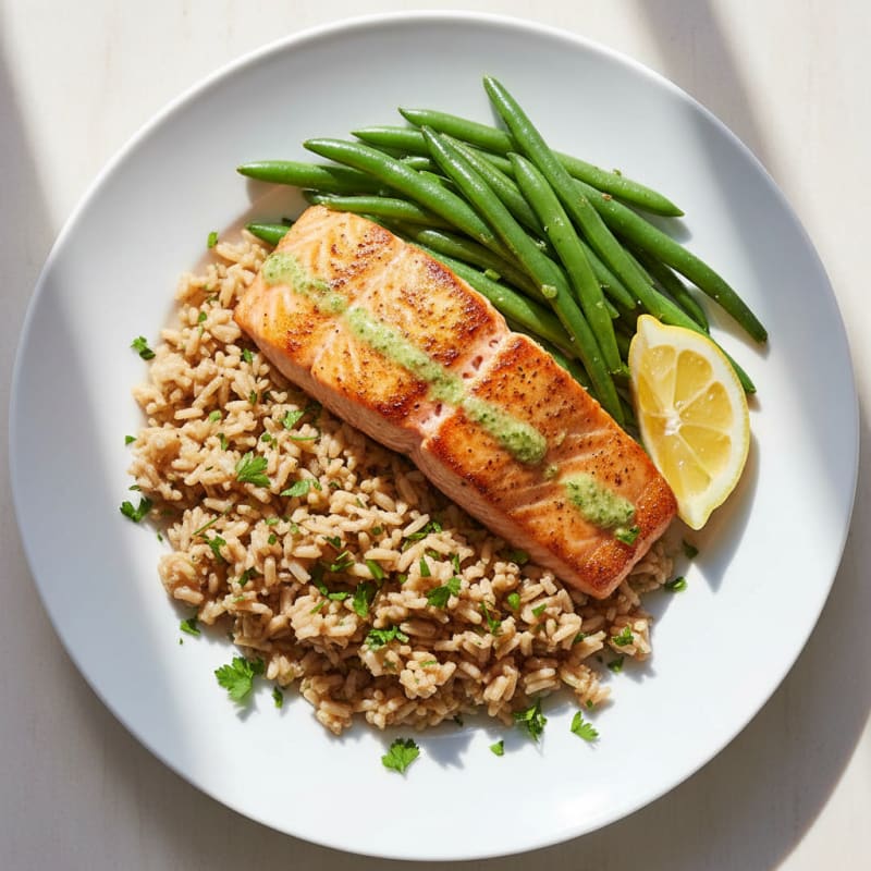 Seared Salmon Fillet with Steamed Green Beans and Herbed Brown Rice