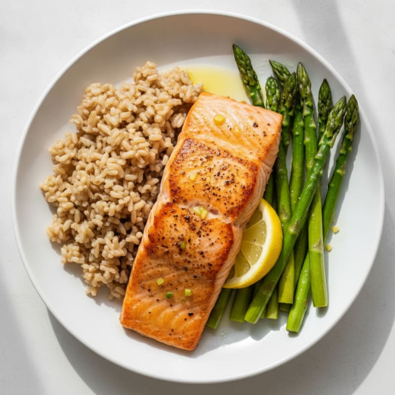 Seared Salmon Fillet with Steamed Asparagus and Brown Rice