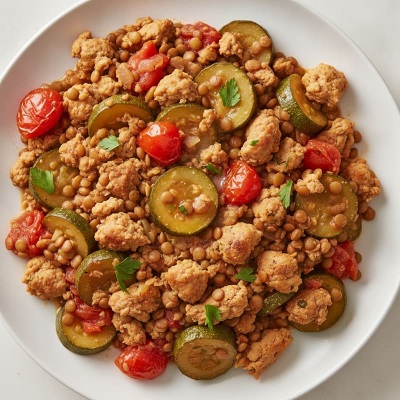 Lean Turkey and Lentil Skillet with Zucchini and Tomatoes