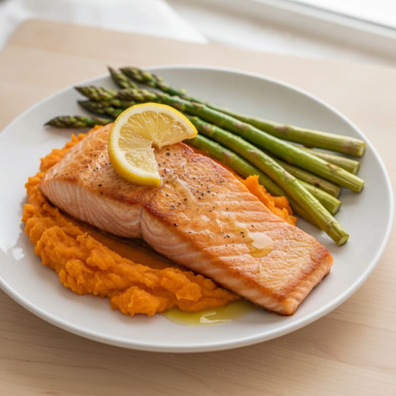 Seared Salmon with Roasted Asparagus and Sweet Potato Mash