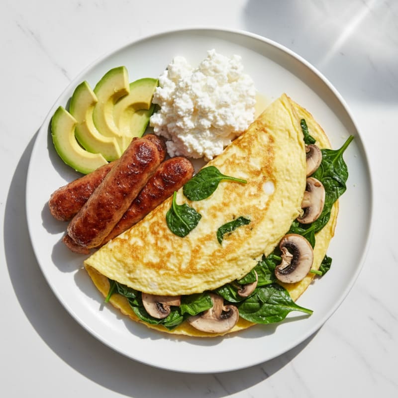 Egg White Veggie Omelette with Turkey Sausage and Cottage Cheese