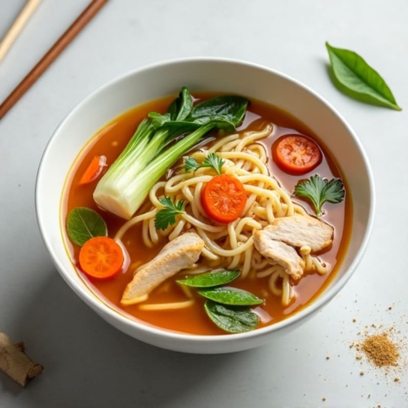 Lean Chicken Ginger-Garlic Noodle Soup with Crisp Vegetables