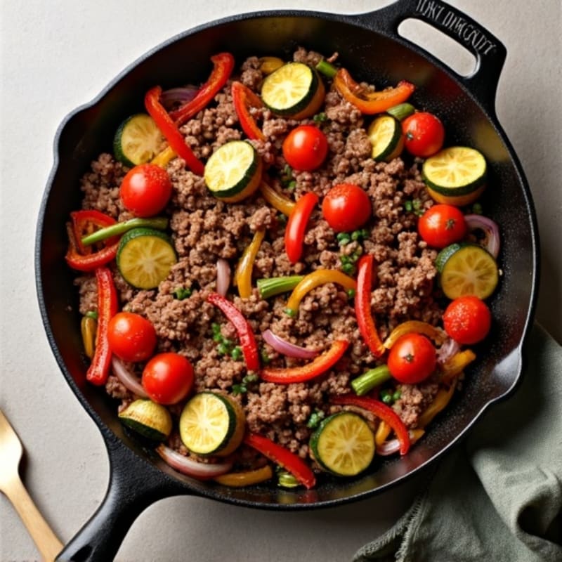 Lean Ground Beef and Roasted Vegetable Skillet