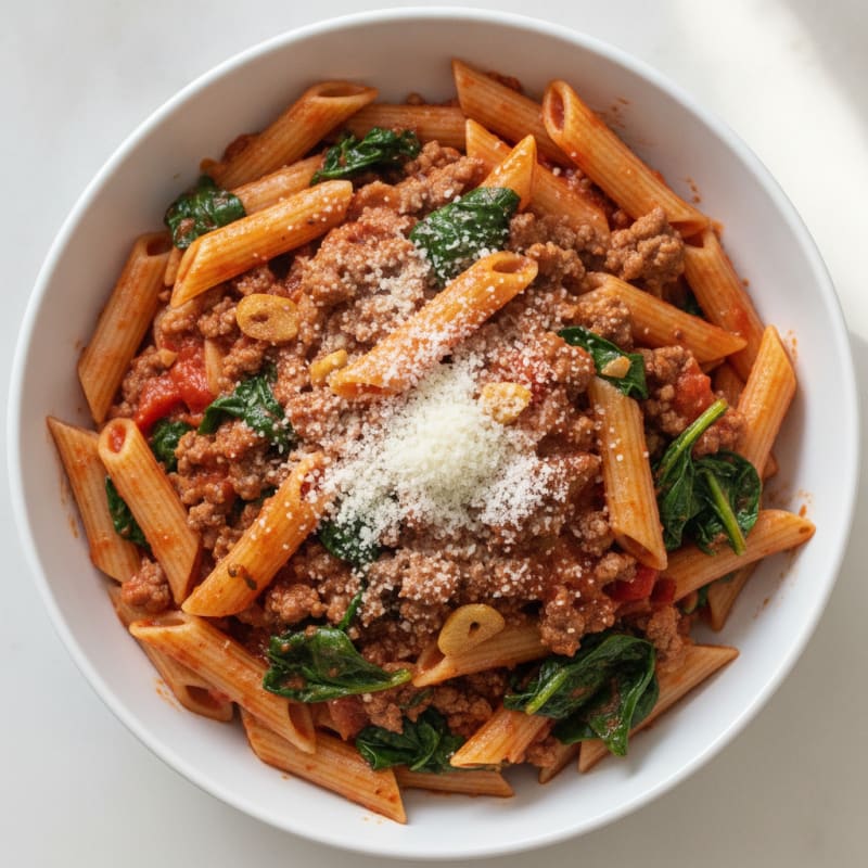 Lean Beef and Spinach Pasta with Tomato Sauce