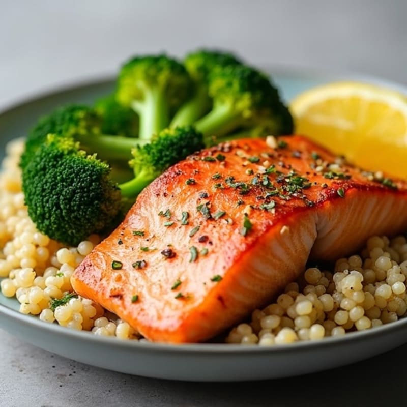 Seared Salmon Fillet with Steamed Broccoli and Quinoa