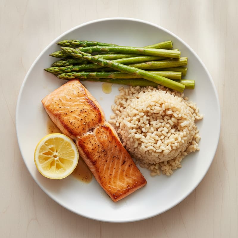 Seared Salmon with Steamed Asparagus and Brown Rice
