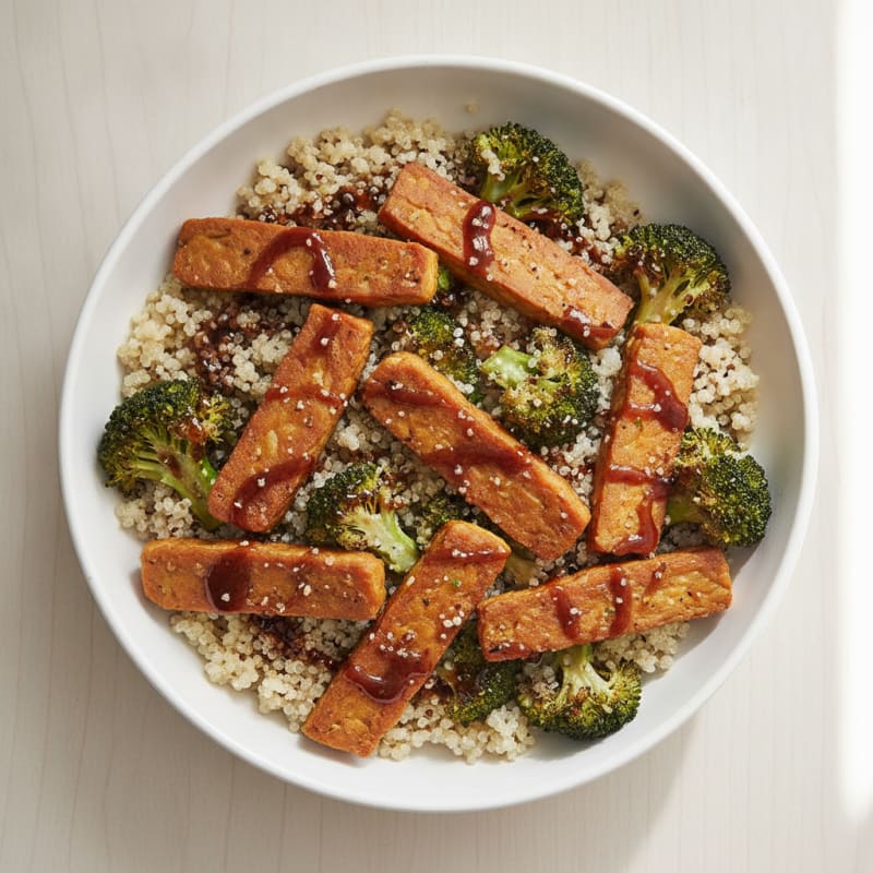 Crispy Tempeh Strips with Roasted Broccoli and Quinoa