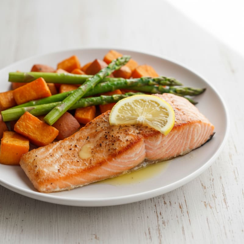 Seared Salmon with Roasted Sweet Potatoes and Asparagus
