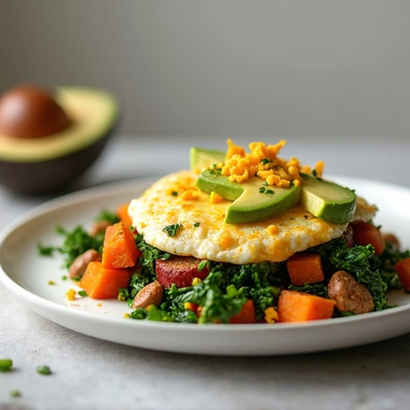 Egg White and Turkey Sausage Scramble with Sautéed Spinach, Sweet Potato & Avocado