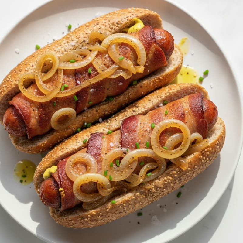 Bacon-Wrapped Hot Dogs with Caramelized Onions